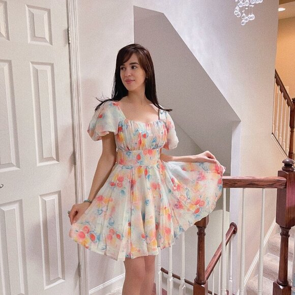 Floral Mini Dress with puff sleeves Spring - Picture 5 of 5